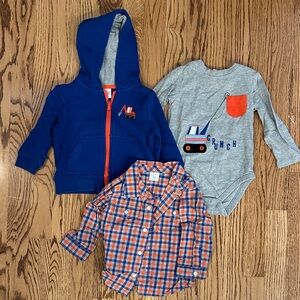 Gymboree 3 piece set: Blue Hoodie, Gray Bodysuit, and Plaid Shirt Set
